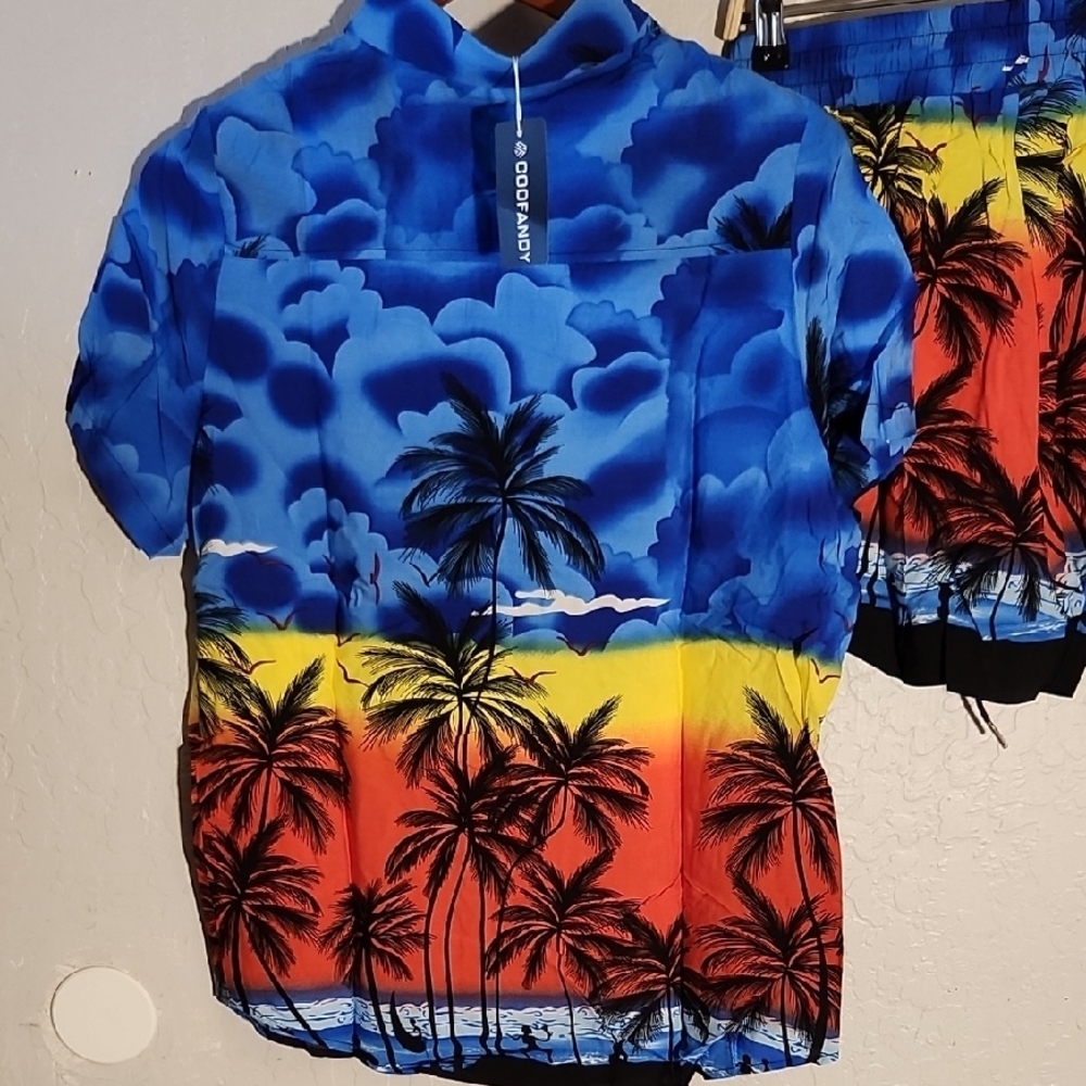 Tropical Palm Tree Button Shirt and Shorts w Pockets Set Medium - Picture 6 of 8